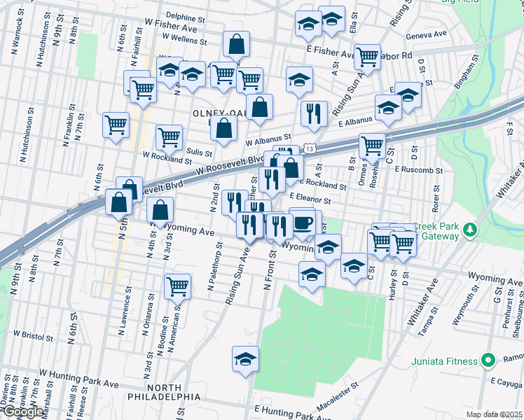 map of restaurants, bars, coffee shops, grocery stores, and more near 120 West Loudon Street in Philadelphia