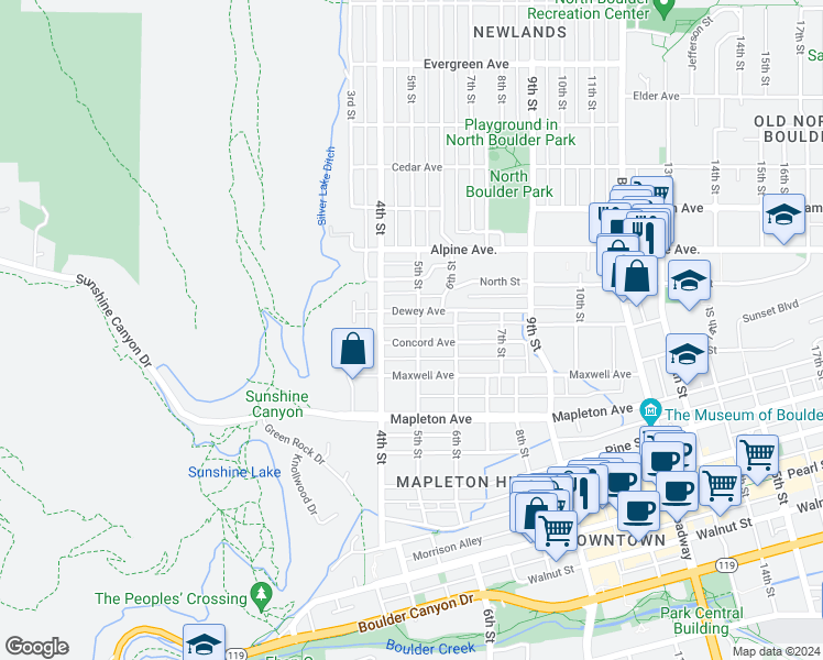 map of restaurants, bars, coffee shops, grocery stores, and more near 2621 5th Street in Boulder