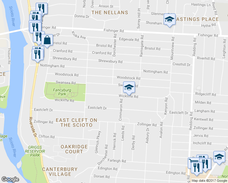 map of restaurants, bars, coffee shops, grocery stores, and more near 2490 Wickliffe Road in Columbus