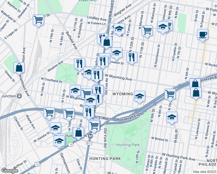 map of restaurants, bars, coffee shops, grocery stores, and more near 4609 Old York Road in Philadelphia