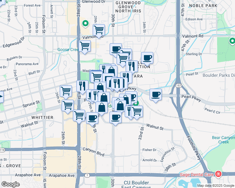map of restaurants, bars, coffee shops, grocery stores, and more near in Boulder