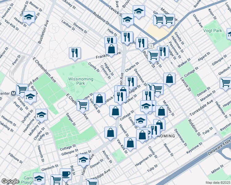 map of restaurants, bars, coffee shops, grocery stores, and more near 4135 Comly Street in Philadelphia