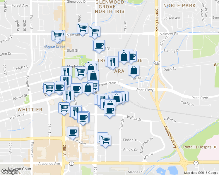 map of restaurants, bars, coffee shops, grocery stores, and more near 3080 Pearl Street in Boulder