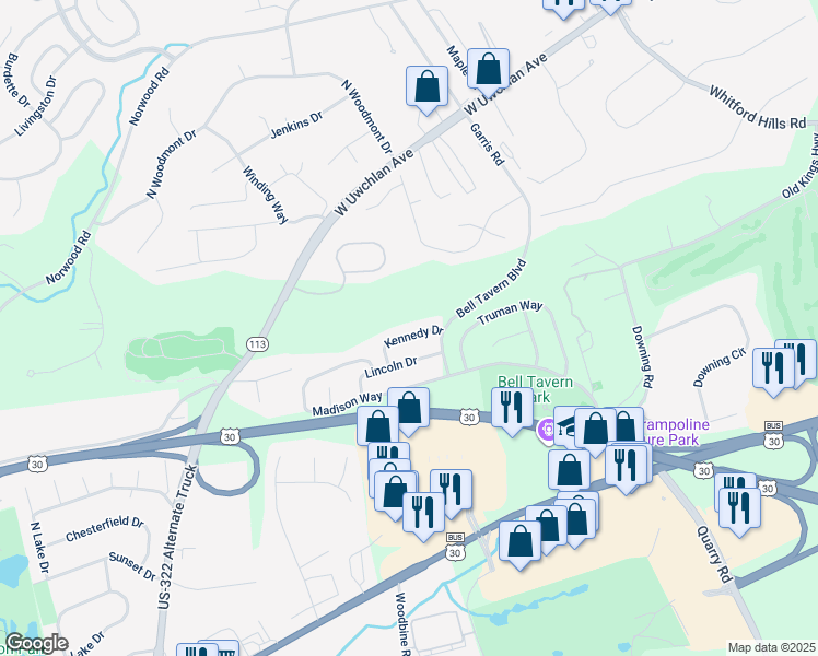 map of restaurants, bars, coffee shops, grocery stores, and more near 26 Kennedy Drive in Downingtown