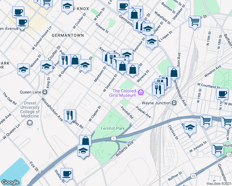 map of restaurants, bars, coffee shops, grocery stores, and more near 303 West Logan Street in Philadelphia