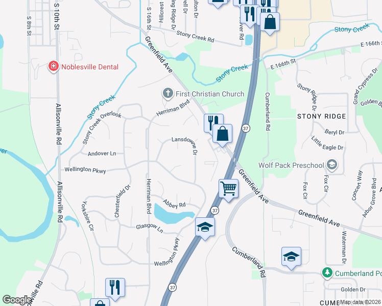 map of restaurants, bars, coffee shops, grocery stores, and more near 279 Lansdowne Drive in Noblesville