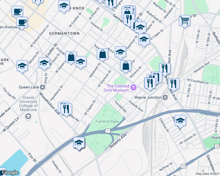 map of restaurants, bars, coffee shops, grocery stores, and more near 307 West Logan Street in Philadelphia