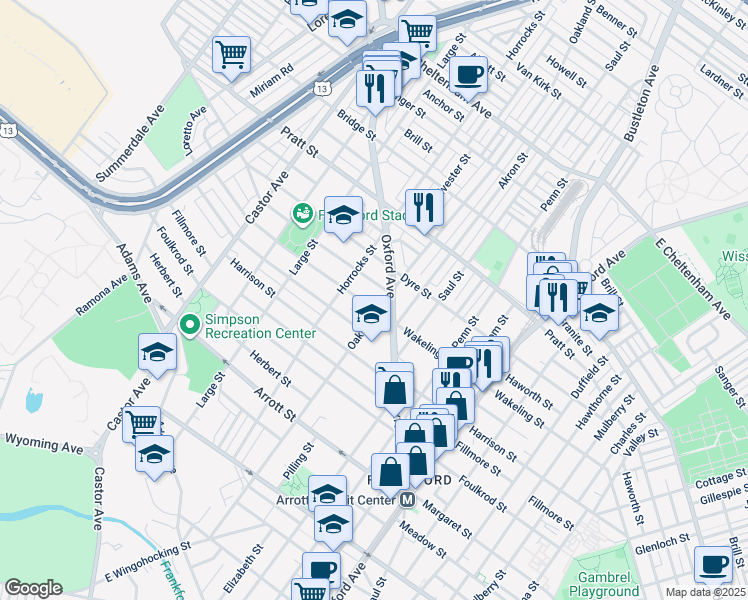 map of restaurants, bars, coffee shops, grocery stores, and more near 1229 Wakeling Street in Philadelphia