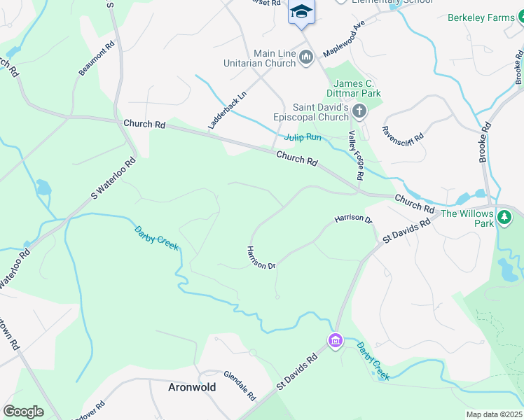 map of restaurants, bars, coffee shops, grocery stores, and more near 16 Harrison Drive in Newtown Square