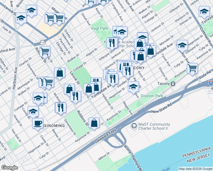 map of restaurants, bars, coffee shops, grocery stores, and more near 6524 Torresdale Avenue in Philadelphia