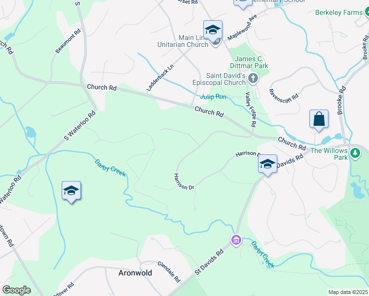 map of restaurants, bars, coffee shops, grocery stores, and more near 16 Harrison Drive in Newtown Square