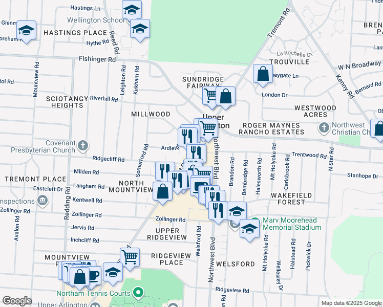map of restaurants, bars, coffee shops, grocery stores, and more near 3240 Tremont Road in Upper Arlington