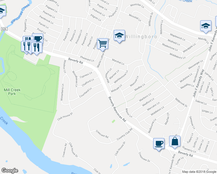 map of restaurants, bars, coffee shops, grocery stores, and more near 9 Marchmont Lane in Willingboro