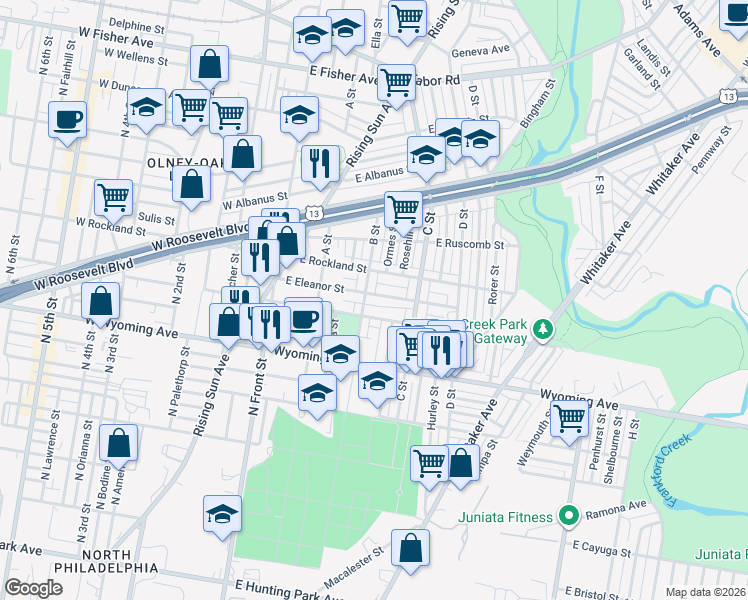 map of restaurants, bars, coffee shops, grocery stores, and more near 4813 B Street in Philadelphia