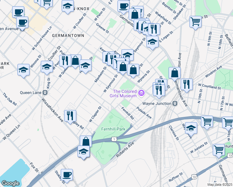 map of restaurants, bars, coffee shops, grocery stores, and more near 305 West Logan Street in Philadelphia