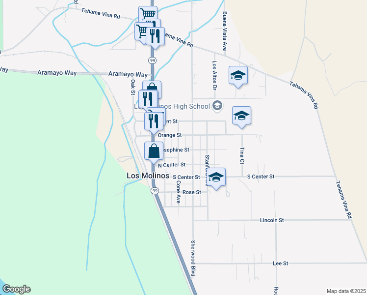 map of restaurants, bars, coffee shops, grocery stores, and more near 25192 Josephine Street in Los Molinos