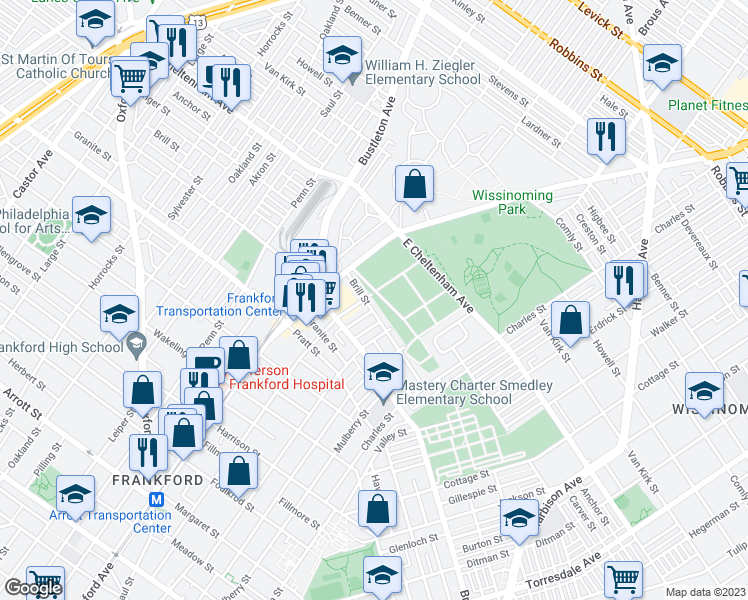 map of restaurants, bars, coffee shops, grocery stores, and more near 1645 Brill Street in Philadelphia