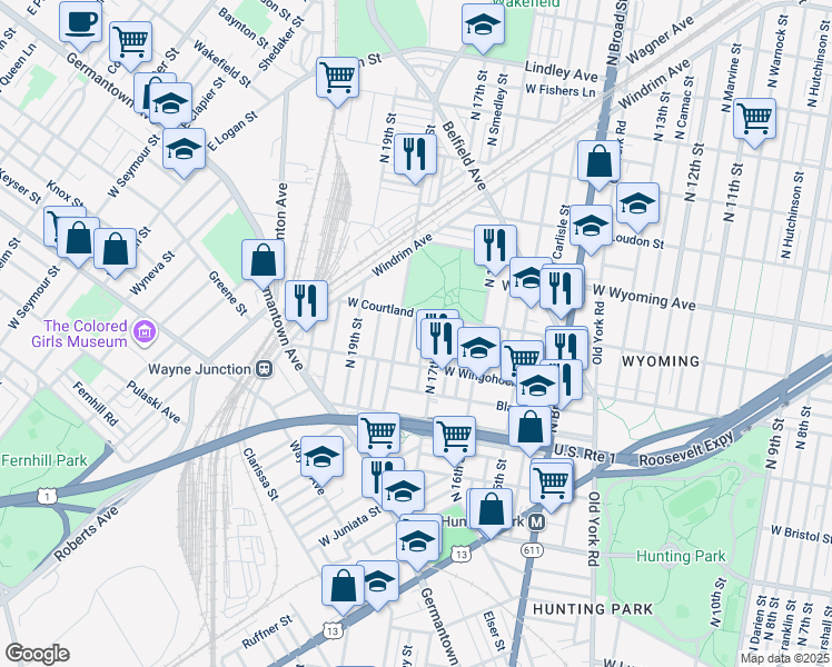 map of restaurants, bars, coffee shops, grocery stores, and more near 4545 North Bouvier Street in Philadelphia