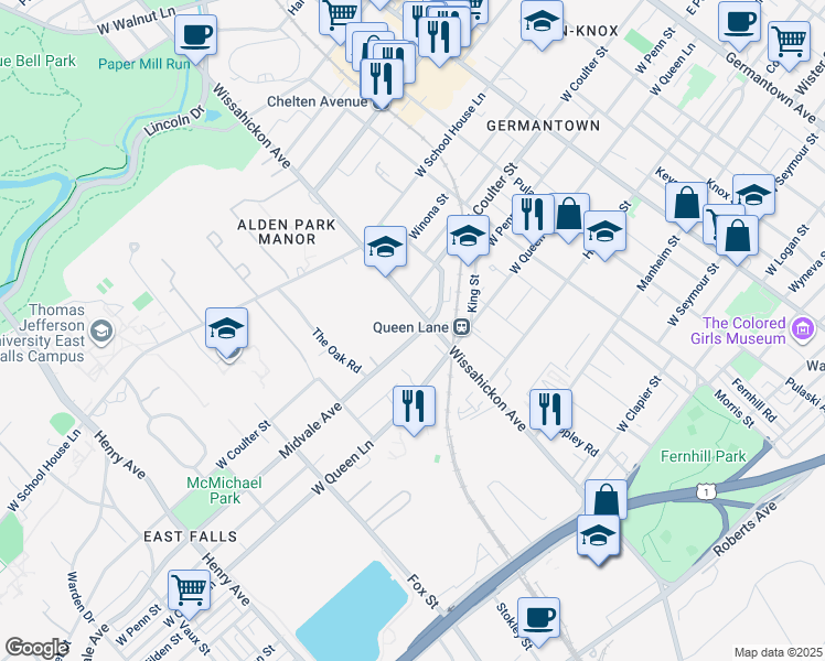 map of restaurants, bars, coffee shops, grocery stores, and more near 5400 Wissahickon Avenue in Philadelphia