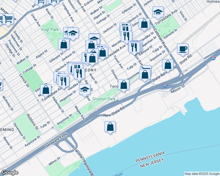map of restaurants, bars, coffee shops, grocery stores, and more near 4922 Longshore Avenue in Philadelphia