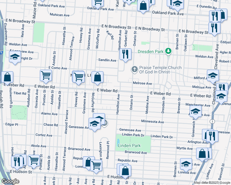 map of restaurants, bars, coffee shops, grocery stores, and more near 1247 East Weber Road in Columbus