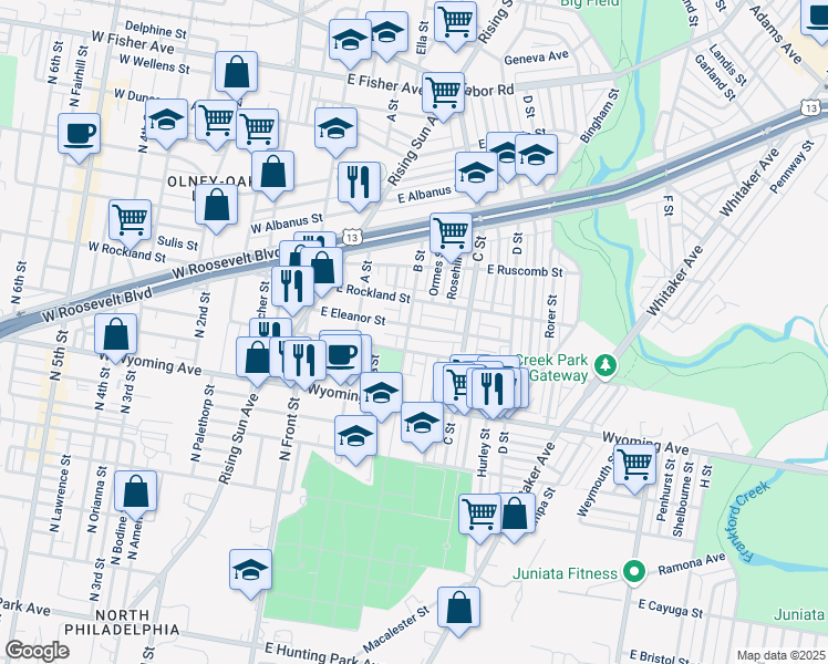 map of restaurants, bars, coffee shops, grocery stores, and more near 304 East Eleanor Street in Philadelphia
