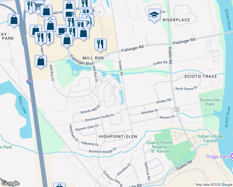 map of restaurants, bars, coffee shops, grocery stores, and more near 3382 Fishinger Mill Drive in Hilliard