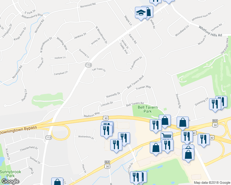 map of restaurants, bars, coffee shops, grocery stores, and more near 18 Kennedy Drive in Downingtown