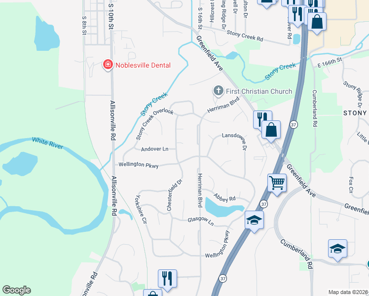 map of restaurants, bars, coffee shops, grocery stores, and more near 306 Welham Court in Noblesville