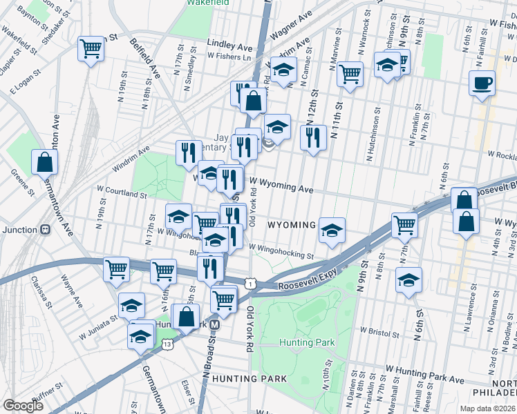 map of restaurants, bars, coffee shops, grocery stores, and more near 4600 Old York Road in Philadelphia
