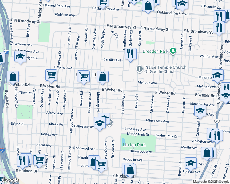 map of restaurants, bars, coffee shops, grocery stores, and more near 1219 East Weber Road in Columbus