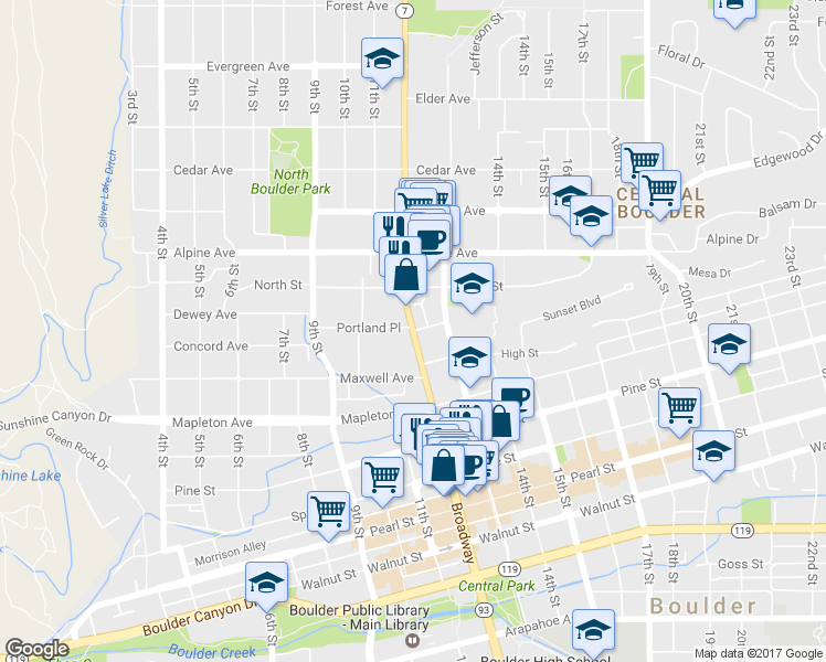 map of restaurants, bars, coffee shops, grocery stores, and more near Broadway & Portland Place in Boulder