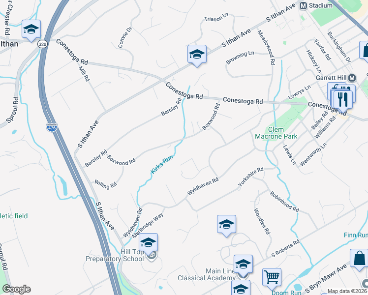 map of restaurants, bars, coffee shops, grocery stores, and more near 423 Boxwood Road in Bryn Mawr