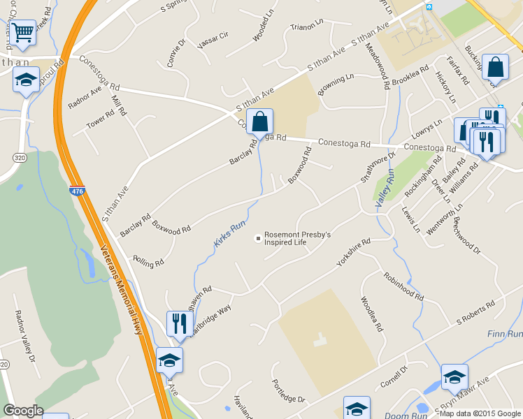 map of restaurants, bars, coffee shops, grocery stores, and more near 423 Boxwood Road in Bryn Mawr