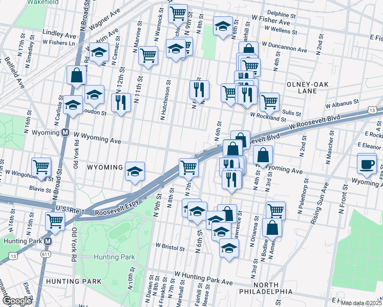 map of restaurants, bars, coffee shops, grocery stores, and more near 703 West Wyoming Avenue in Philadelphia