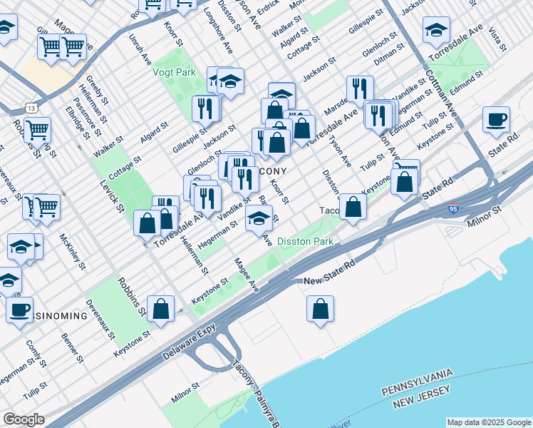 map of restaurants, bars, coffee shops, grocery stores, and more near 4812 Rawle Street in Philadelphia