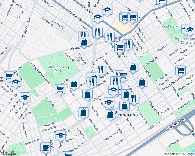 map of restaurants, bars, coffee shops, grocery stores, and more near 4229 Benner Street in Philadelphia