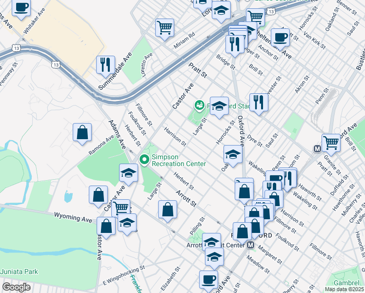 map of restaurants, bars, coffee shops, grocery stores, and more near 1031 Fillmore Street in Philadelphia