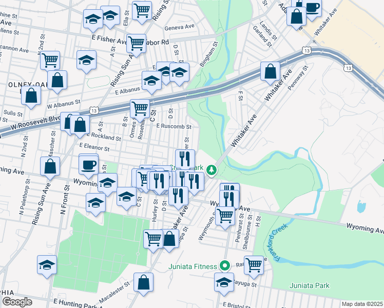 map of restaurants, bars, coffee shops, grocery stores, and more near 4840 Bingham Street in Philadelphia