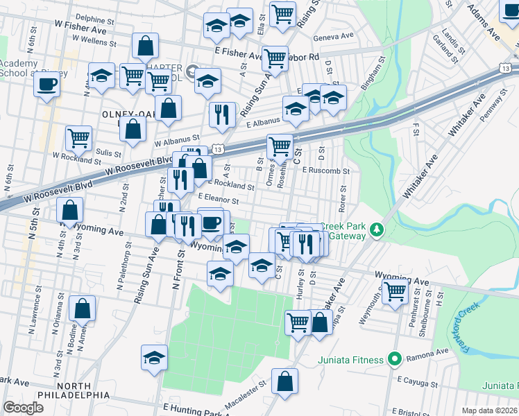 map of restaurants, bars, coffee shops, grocery stores, and more near 4813 B Street in Philadelphia