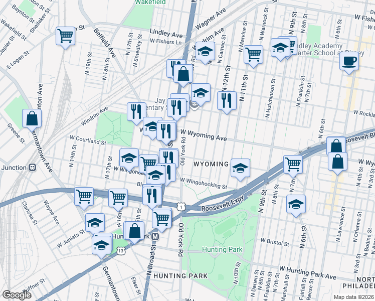 map of restaurants, bars, coffee shops, grocery stores, and more near 4600 Old York Road in Philadelphia