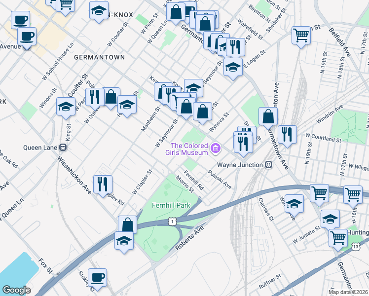map of restaurants, bars, coffee shops, grocery stores, and more near 4835 Pulaski Avenue in Philadelphia