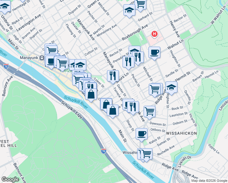 map of restaurants, bars, coffee shops, grocery stores, and more near 3943 Terrace Street in Philadelphia
