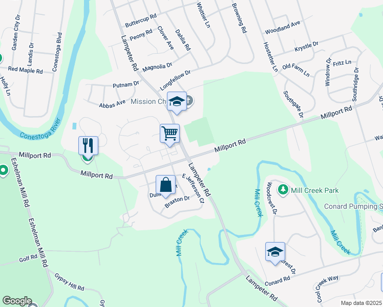 map of restaurants, bars, coffee shops, grocery stores, and more near 1603 Millport Road in Lancaster