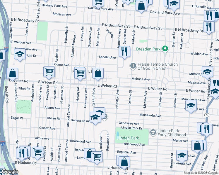 map of restaurants, bars, coffee shops, grocery stores, and more near 1219 East Weber Road in Columbus