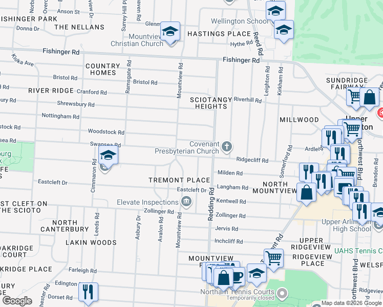 map of restaurants, bars, coffee shops, grocery stores, and more near 2169 Ridgecliff Road in Columbus
