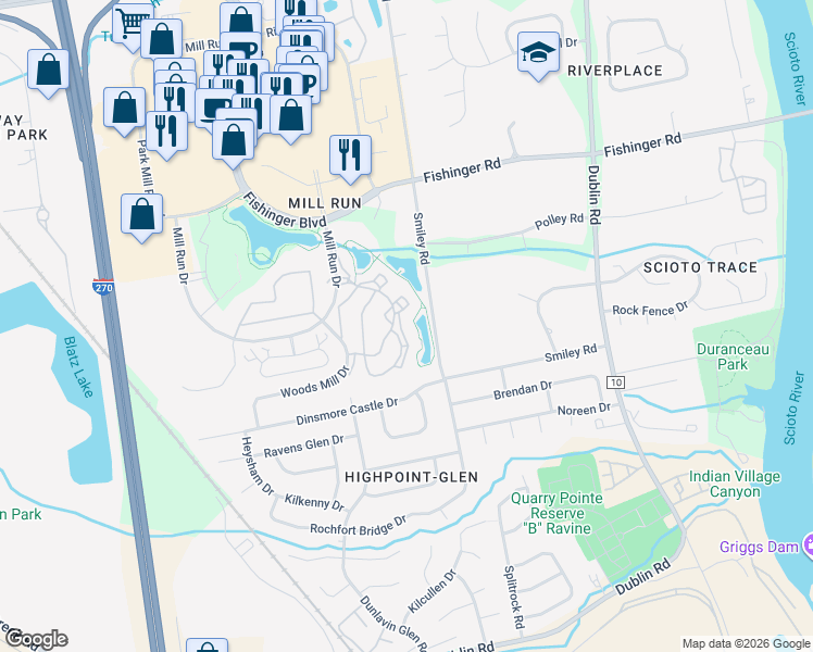 map of restaurants, bars, coffee shops, grocery stores, and more near 3382 Fishinger Mill Drive in Hilliard
