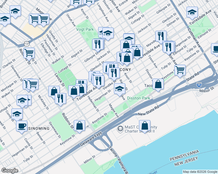 map of restaurants, bars, coffee shops, grocery stores, and more near 6634 Hegerman Street in Philadelphia