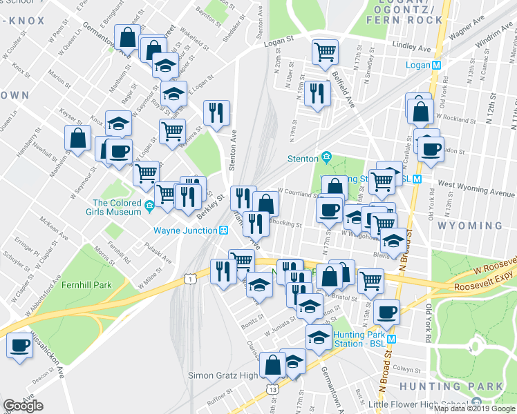 map of restaurants, bars, coffee shops, grocery stores, and more near 4521 North 20th Street in Philadelphia