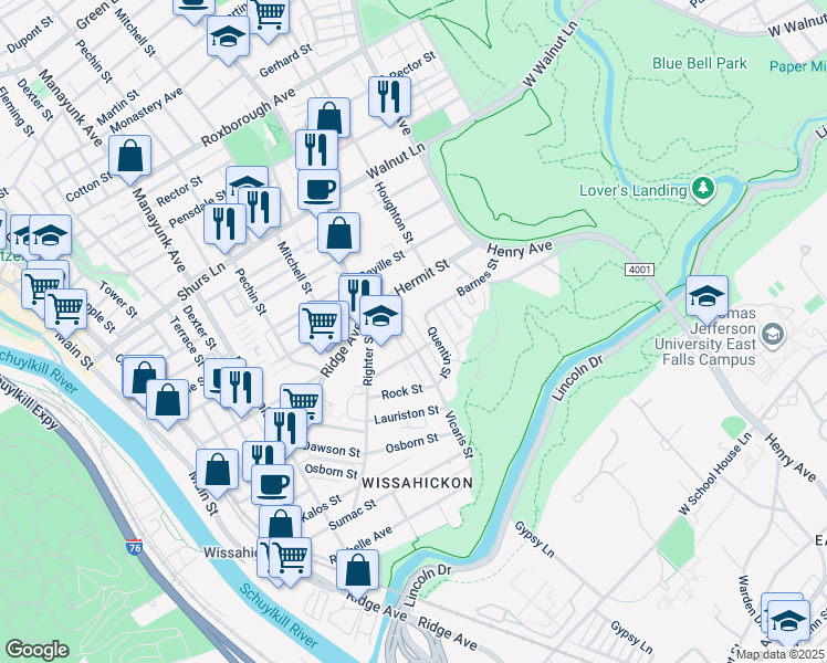 map of restaurants, bars, coffee shops, grocery stores, and more near 5461 Vicaris Street in Philadelphia